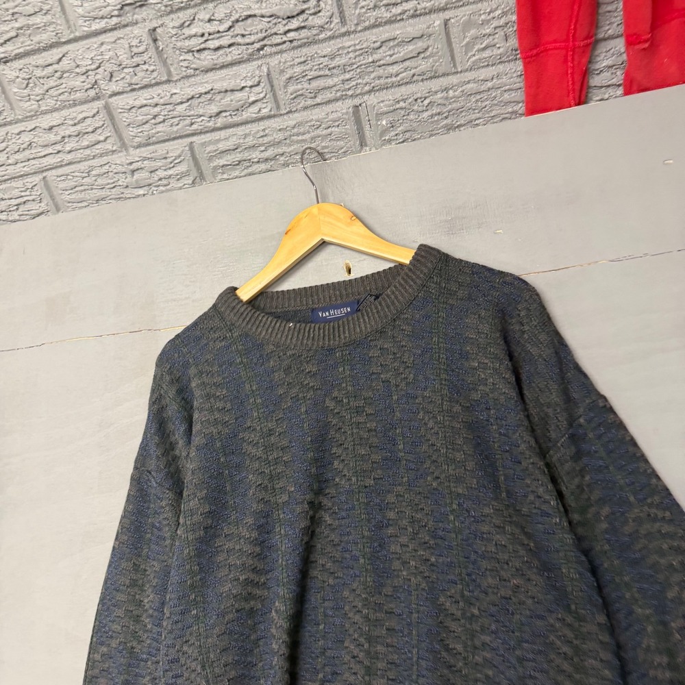 Van Heusen Mens XL Charcoal Grey Blue Textured Knit Crewneck Sweater 100% Acr